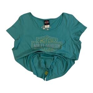 Harley Davidson Women's Bedazzled Logo Short Sleeve T Shirt Turquoise 2XL